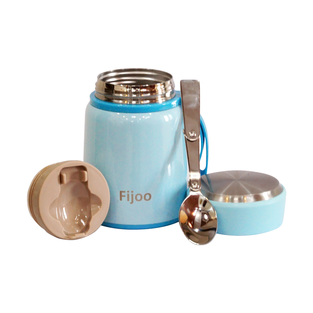 Fijoo 16oz Stainless Steel Thermos Food Jar + Folding Spoon (Blue)
