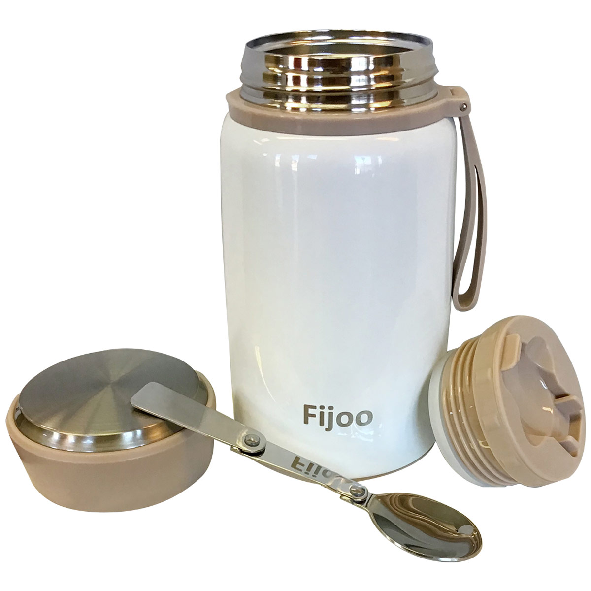 Fijoo 16oz Stainless Steel Thermos Food Jar + Folding Spoon (White