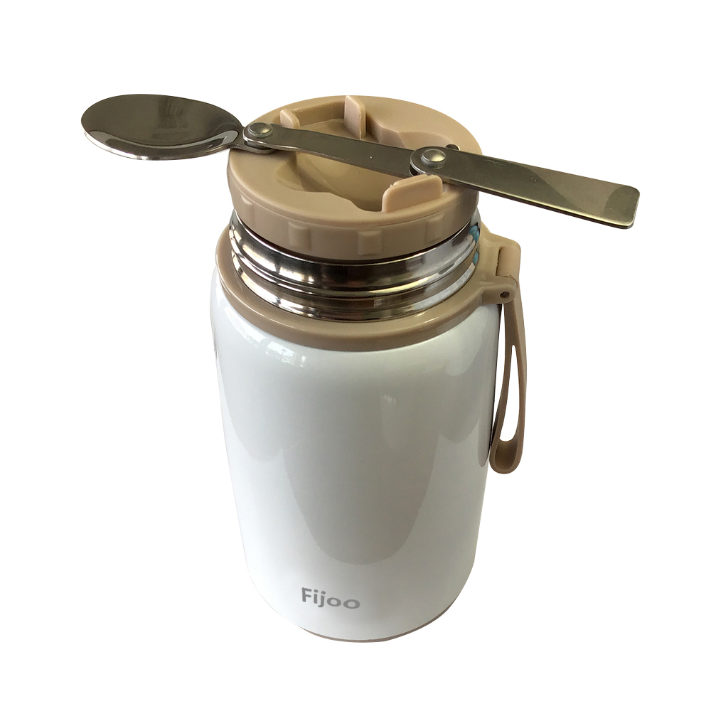 Fijoo 27oz Stainless Steel Thermos Food Jar + Folding Spoon (White)